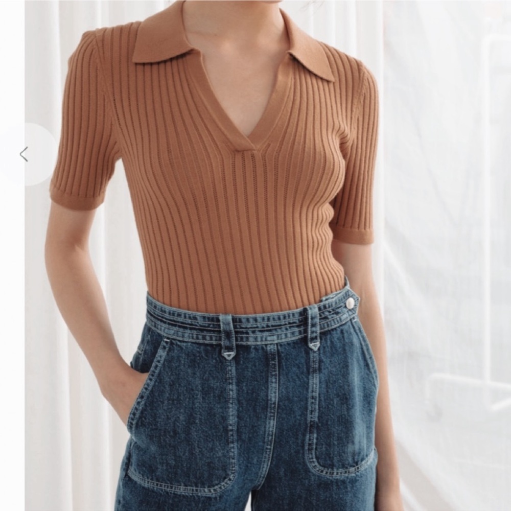 & Other Stories Short Sleeve Ribbed Collared Camel Tan Polo Sweater Size Medium